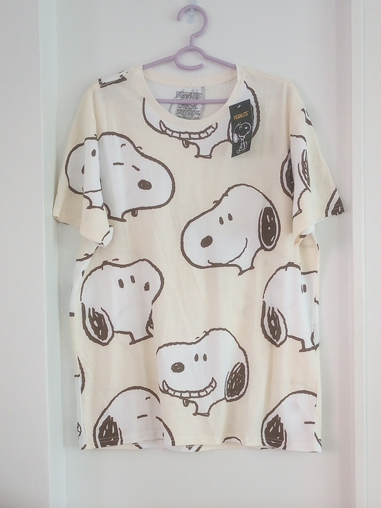 Peanuts Tops - Peanuts Cotton Cream Pastel Yellow T‑Shirt Brown White Snoopy Faces Print Size L